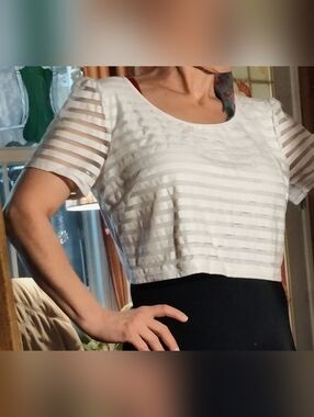 NWT bebe Sheer Stripe Cropped Top - White  Size Large